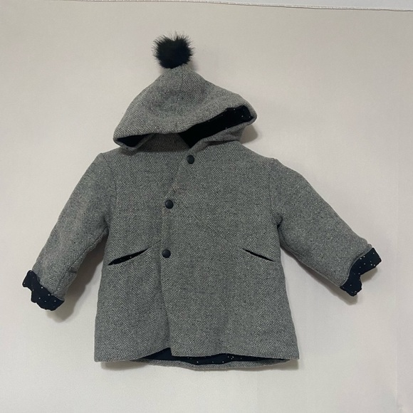 Zara Baby LIKE NEW grey fully lined snap up hooded pom pom winter coat size 2-3 - Picture 2 of 6